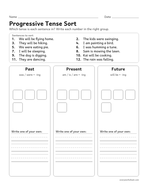 Preview of the printable “Progressive tense sort” worksheet: sorting sentences into past, present, and future progressive
