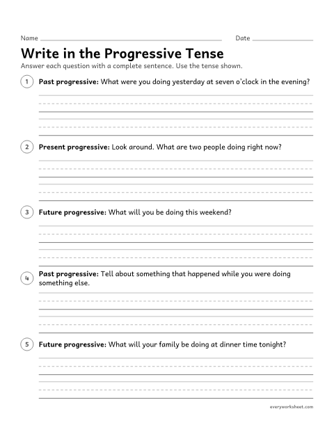 Preview of the printable “Write in the progressive tense” worksheet: writing sentences in the past, present, and future progressive