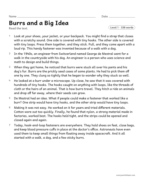 Preview of the printable “Burrs and a big idea” worksheet: explaining what happened and why in the story of an invention