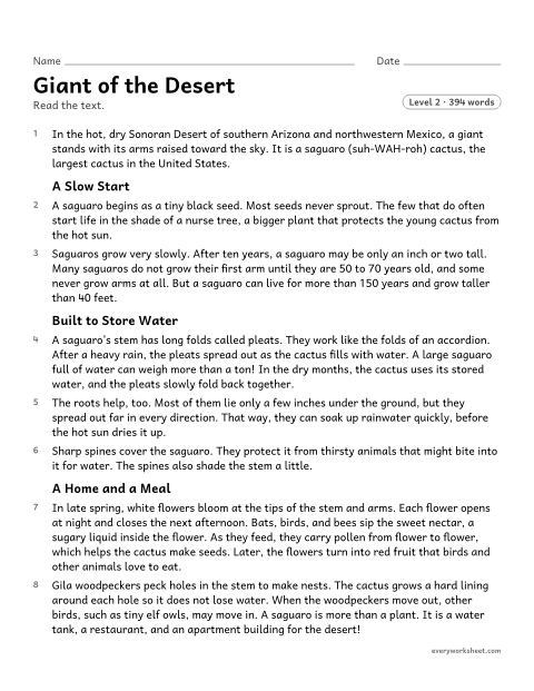 Preview of the printable “Giant of the desert” worksheet: working out science words from context in an informational text
