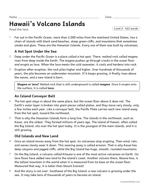 Preview of the printable “Hawaii's volcano islands” worksheet: explaining how and why a natural process happens, using details from a science text
