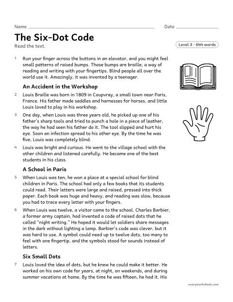 Preview of the printable “The Six-Dot code” worksheet: describing the time-order structure of a biography and using a timeline to answer questions