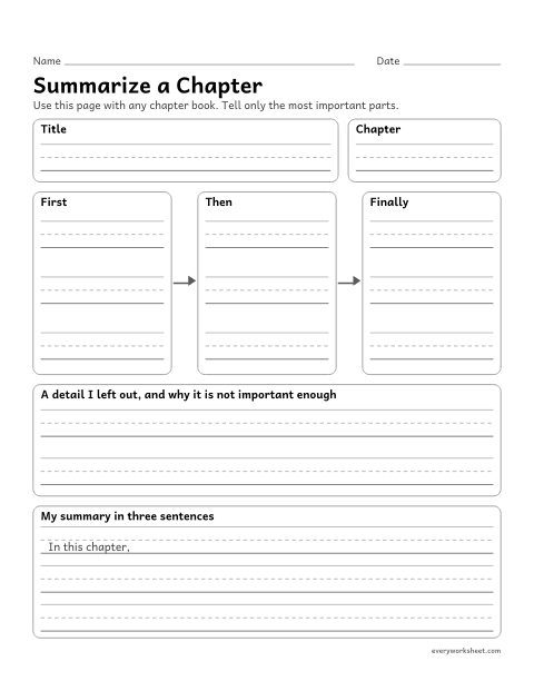 Preview of the printable “Summarize a chapter” worksheet: summarizing a chapter of any book by choosing only its most important events