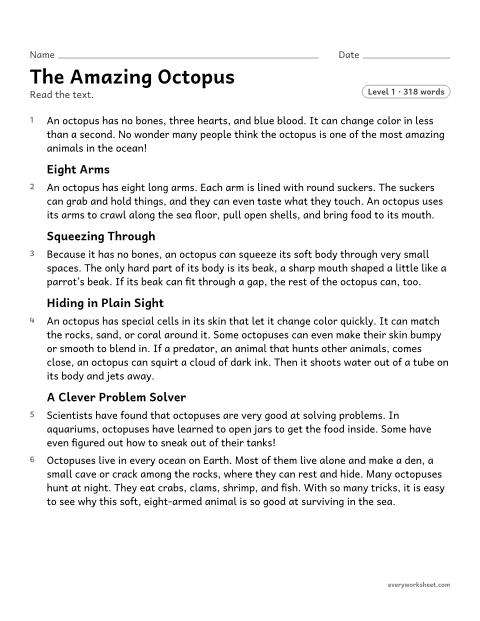 Preview of the printable “The amazing octopus” worksheet: finding the main idea of a text and the key details that support it