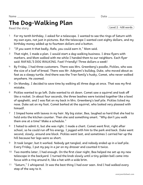 Preview of the printable “The Dog-Walking plan” worksheet: telling who narrates a story told in the first person, and how another narrator would tell it