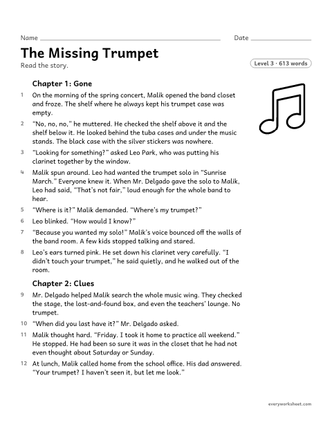 Preview of the printable “The missing trumpet” worksheet: finding the theme of a chapter story from what a character does and learns