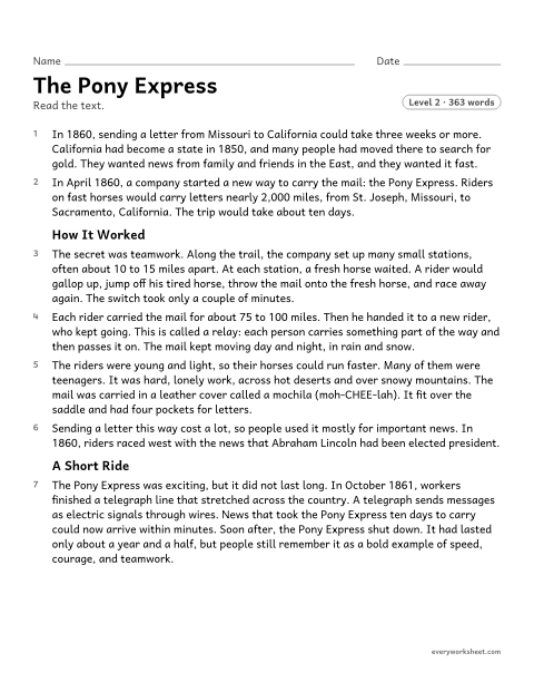 Preview of the printable “The pony express” worksheet: using details from a history text to explain what it says and to make inferences