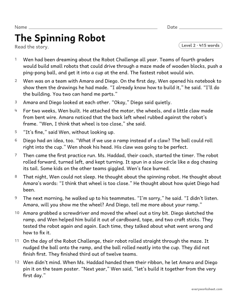 Preview of the printable “The spinning robot” worksheet: finding the theme of a story from what the characters do and learn