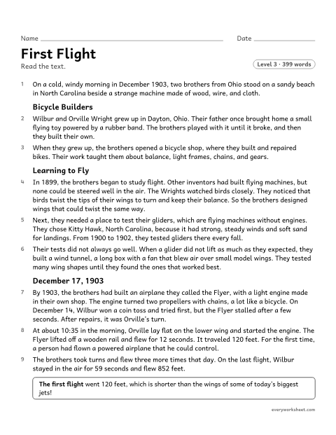 Preview of the printable “First flight” worksheet: describing the time-order structure of a history text with headings and a fact box