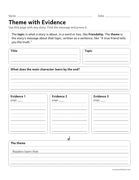 Preview of the printable “Theme with evidence” worksheet: finding the theme of any story and supporting it with evidence from the text