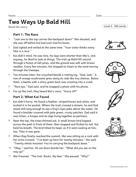 Preview of the printable “Two ways up bald hill” worksheet: comparing two characters and describing how one of them changes, using details from a chapter story