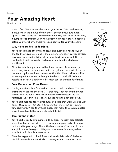 Preview of the printable “Your amazing heart” worksheet: explaining how a body system works, using details, headings, and a text feature in a science text