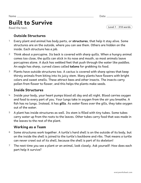 Preview of the printable “Built to survive” worksheet: using details from a text to explain how inside and outside structures help plants and animals survive