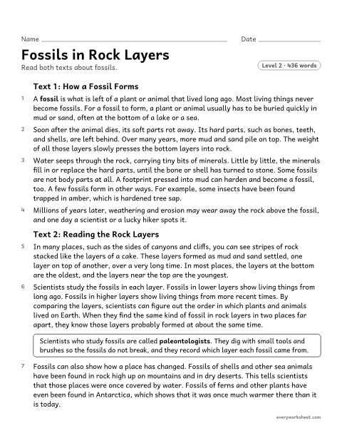 Preview of the printable “Fossils in rock layers” worksheet: integrating information from two texts to explain how fossils form and what rock layers show