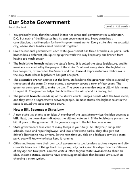 Preview of the printable “Our state government” worksheet: explaining the jobs of the three branches of state government and the steps for making a state law