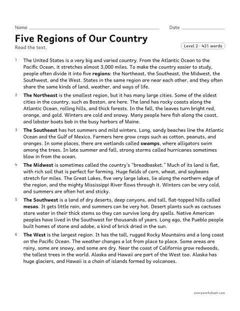 Preview of the printable “Five regions of our country” worksheet: finding the main idea and key details of each section in a text about the five regions of the United States