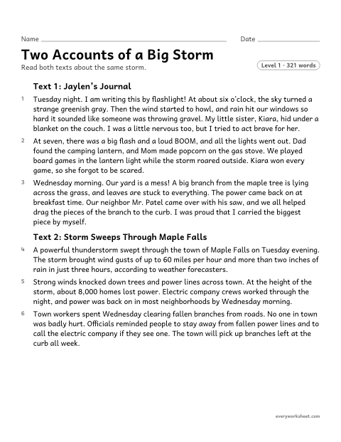 Preview of the printable “Two accounts of a big storm” worksheet: comparing a firsthand and a secondhand account of the same storm and telling how their focus differs