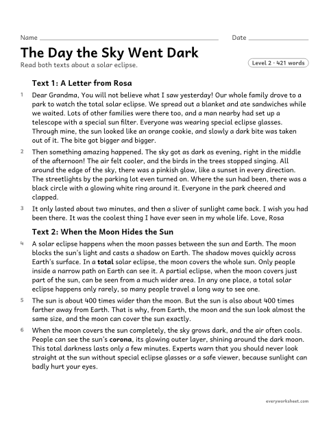 Preview of the printable “The day the sky went dark” worksheet: comparing a firsthand letter and a secondhand science text about a total solar eclipse