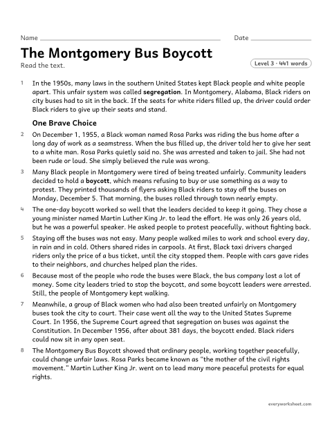 Preview of the printable “The montgomery bus boycott” worksheet: explaining what happened and why in a historical text about the Montgomery Bus Boycott