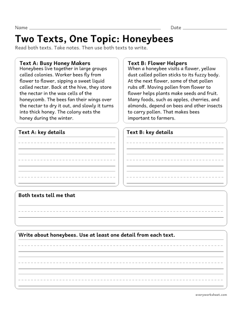 Preview of the printable “Two Texts, one Topic: honeybees” worksheet: taking notes on two texts about the same topic and combining them to write about the topic