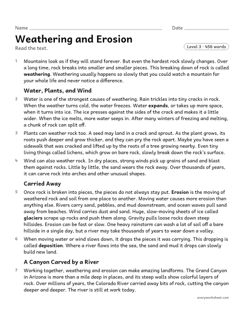 Preview of the printable “Weathering and erosion” worksheet: explaining how weathering and erosion work and how they shape landforms over time