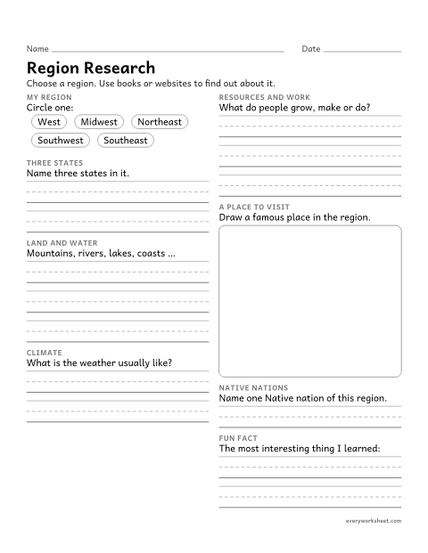 Preview of the printable “U.S. region research organizer (Printable)” worksheet: researching and recording facts about a U.S. region