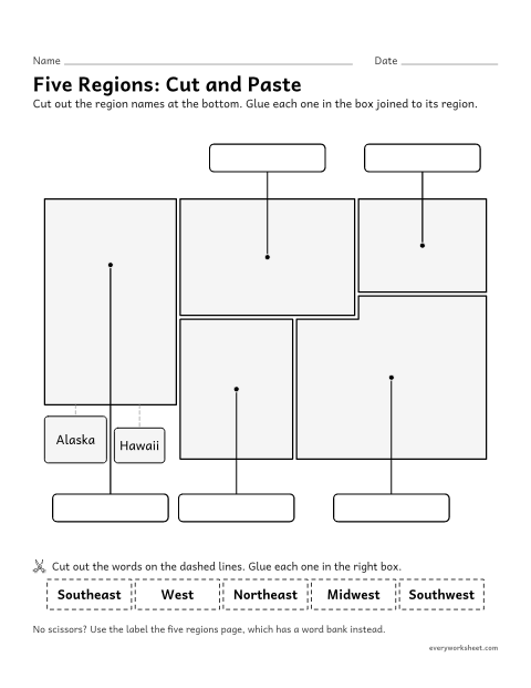 Preview of the printable “Regions of the united states cut and paste” worksheet: labeling the five regions of the United States on a diagram