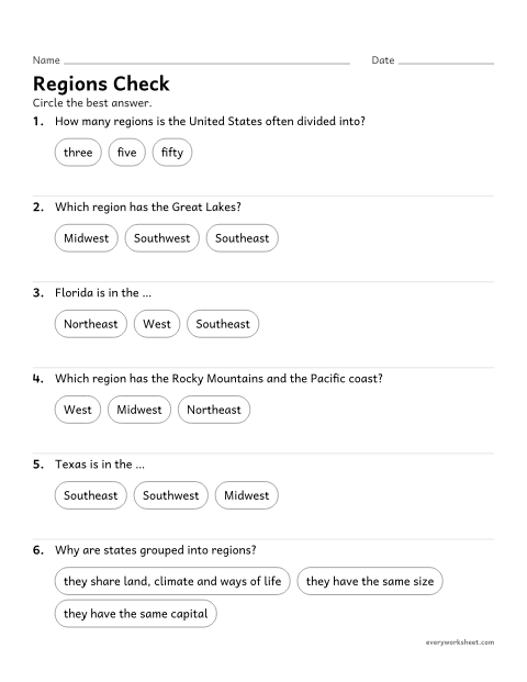 Preview of the printable “Regions of the united states quiz for 4th grade” worksheet: reviewing the five regions of the United States