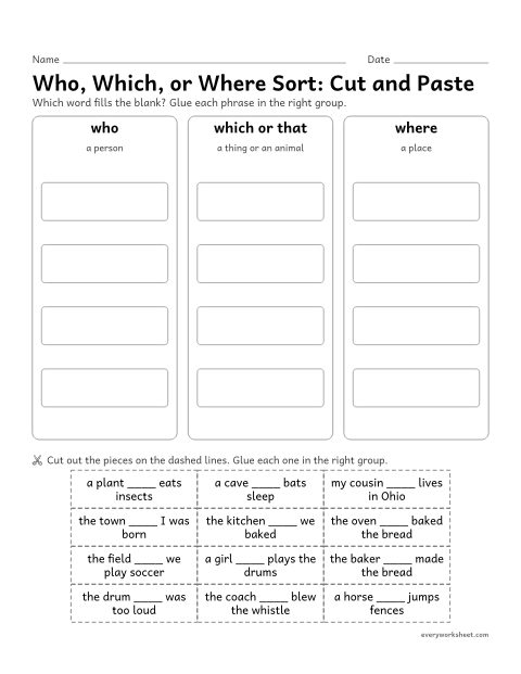 Preview of the printable “Who, Which, or where Sort: cut and paste” worksheet: sorting phrases by the relative pronoun or adverb that fits (cut and paste)