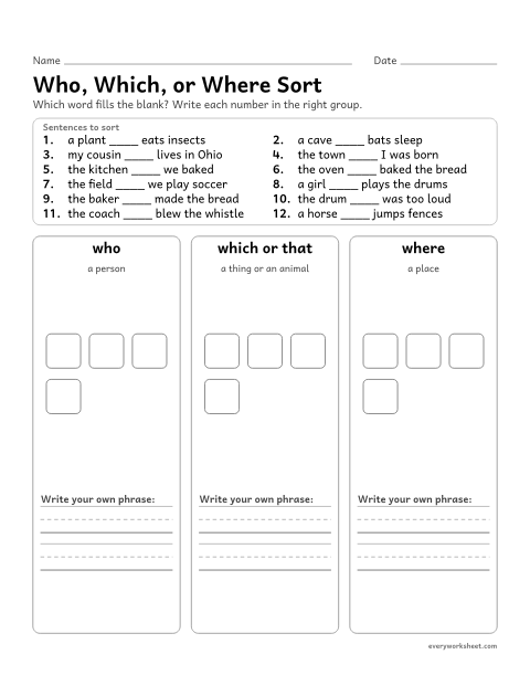 Preview of the printable “Who, Which, or where sort” worksheet: sorting phrases by the relative pronoun or adverb that fits