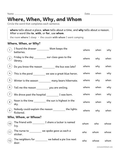Preview of the printable “Where, When, Why, and whom” worksheet: choosing the relative adverbs where, when, and why, and using whom after a preposition