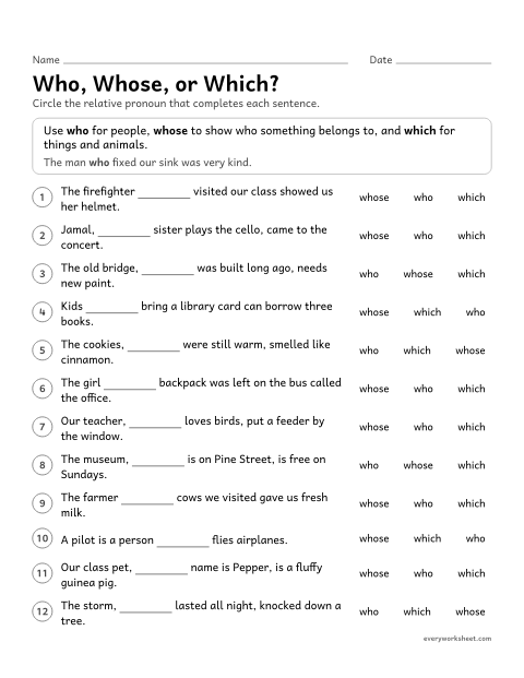 Preview of the printable “Who, Whose, or Which?” worksheet: choosing who, whose, or which to fit the noun