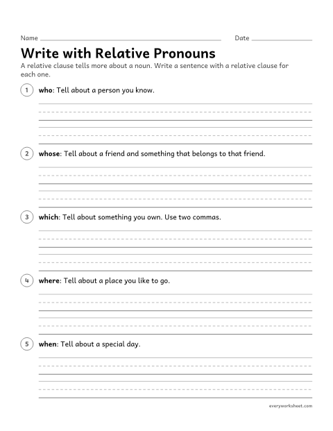 Preview of the printable “Write with relative pronouns” worksheet: writing sentences with relative clauses