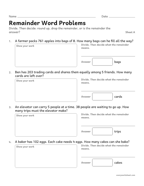 Preview of the printable “Remainder word Problems, sheet A” worksheet: interpreting remainders in word problems