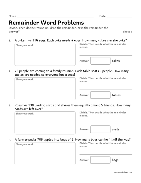 Preview of the printable “Remainder word Problems, sheet B” worksheet: interpreting remainders in word problems