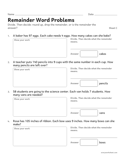 Preview of the printable “Remainder word Problems, sheet C” worksheet: interpreting remainders in word problems