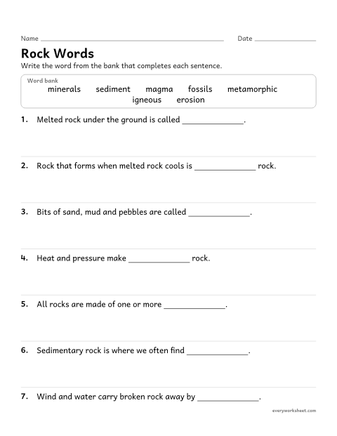 Preview of the printable “Rocks and minerals vocabulary worksheet” worksheet: using rock cycle vocabulary in context