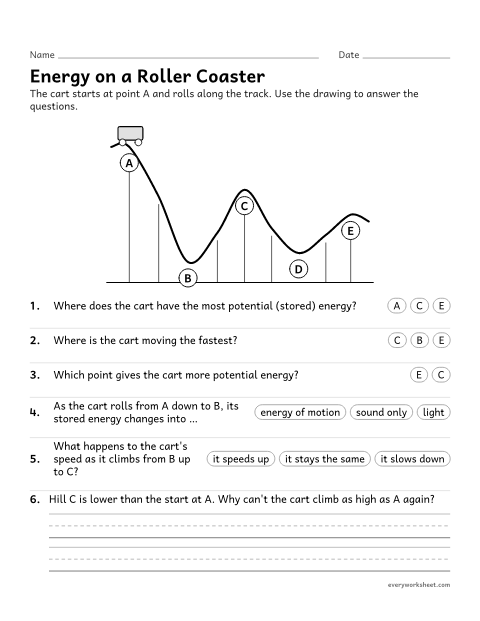 Preview of the printable “Potential and kinetic energy roller coaster worksheet” worksheet: using a roller coaster model to relate height, speed and energy