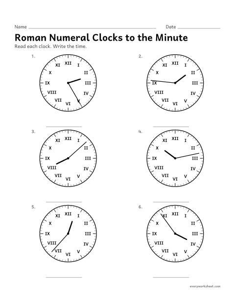 Preview of the printable “Roman numeral clocks to the minute” worksheet: telling time to the minute on clocks with Roman numerals