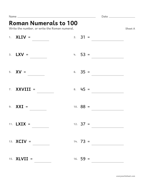 Preview of the printable “Roman numerals to 100, sheet A” worksheet: converting between numbers and Roman numerals up to 100
