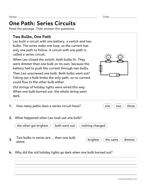 Preview of the printable “Series circuits reading passage for 4th grade” worksheet: explaining how current flows in a series circuit