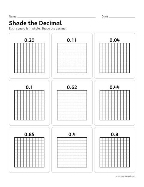 Preview of the printable “Shade the decimal” worksheet: shading tenths and hundredths on 10 by 10 grids to show a decimal