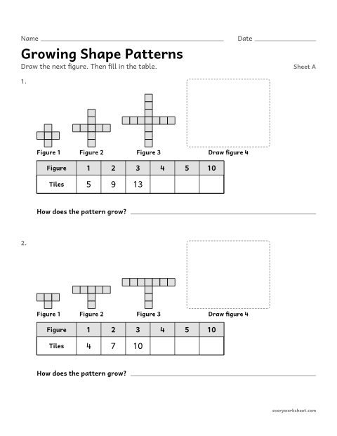 Preview of the printable “Growing shape Patterns, sheet A” worksheet: extending a growing shape pattern