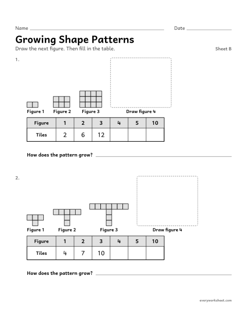Preview of the printable “Growing shape Patterns, sheet B” worksheet: extending a growing shape pattern