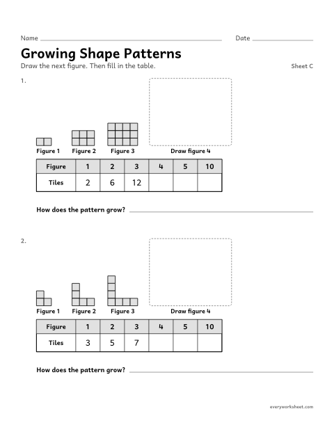 Preview of the printable “Growing shape Patterns, sheet C” worksheet: extending a growing shape pattern