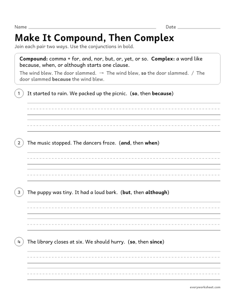 Preview of the printable “Make it Compound, then complex” worksheet: turning two simple sentences into a compound sentence and a complex sentence