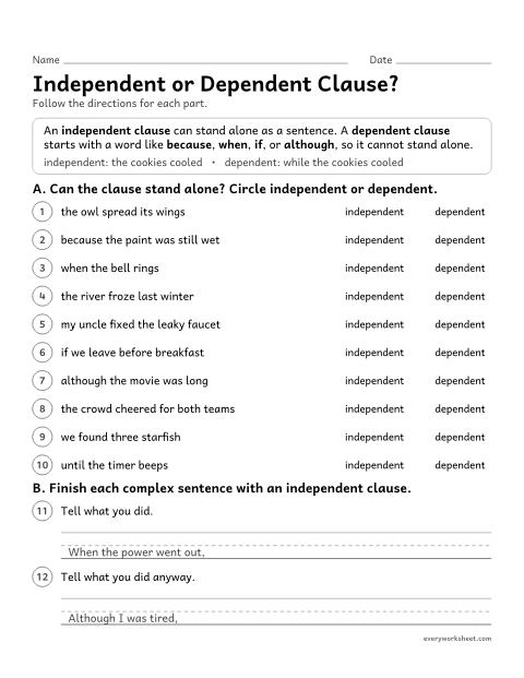 Preview of the printable “Independent or dependent Clause?” worksheet: telling independent clauses from dependent clauses and completing complex sentences