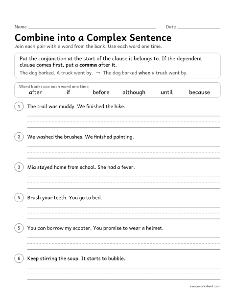 Preview of the printable “Combine into a complex sentence” worksheet: combining two sentences into a complex sentence with a subordinating conjunction
