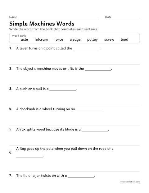 Preview of the printable “Simple machines vocabulary worksheet” worksheet: using vocabulary for simple machines
