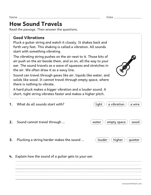 Preview of the printable “Sound waves reading passage for 4th grade” worksheet: explaining that sound is made by vibrations and travels as waves